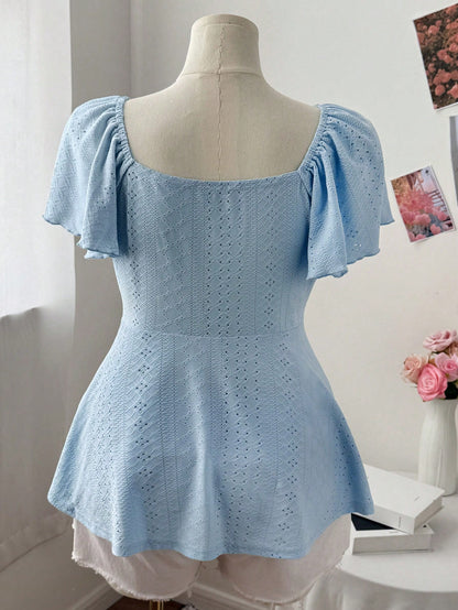 Sweetra Plus Size Women's Spring/Summer Square Neck Sweetheart Neck Drawstring Cap Sleeve Ruffle Sleeve Flutter Sleeve Small Ditsy Floral Casual Cute Elegant Vacation A-Line Elegant T-Shirt