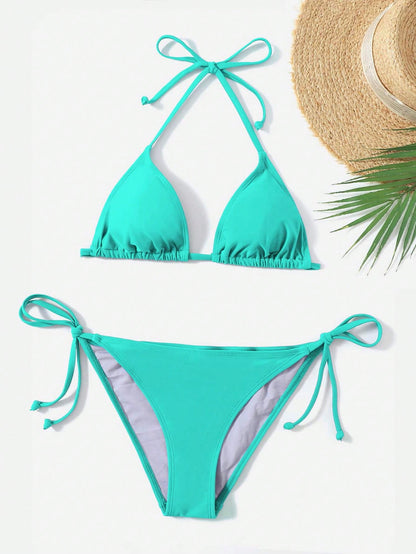 Sweetra Solid Color Two-Piece Swimsuit Set For Vacation Beach