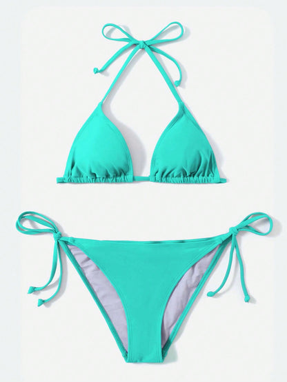 Sweetra Solid Color Two-Piece Swimsuit Set For Vacation Beach