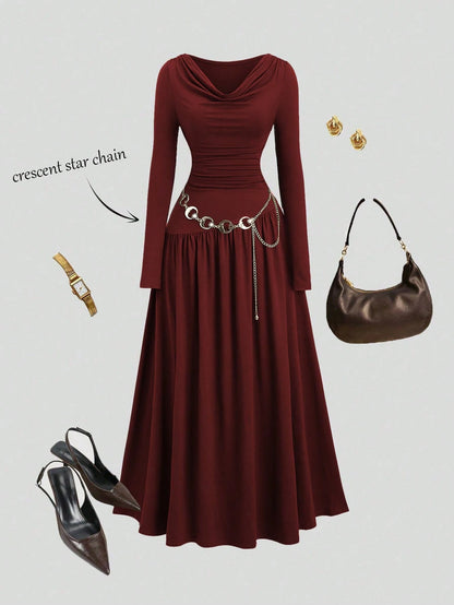 Sweetra Women's Autumn/Winter Coffee Color Plunging Necklace Decor Long Sleeve Simple Elegant Dress