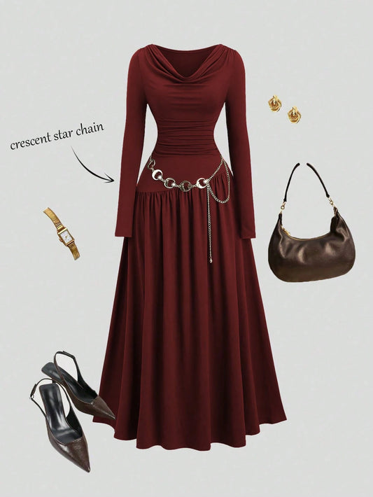 Sweetra Women's Autumn/Winter Coffee Color Plunging Necklace Decor Long Sleeve Simple Elegant Dress