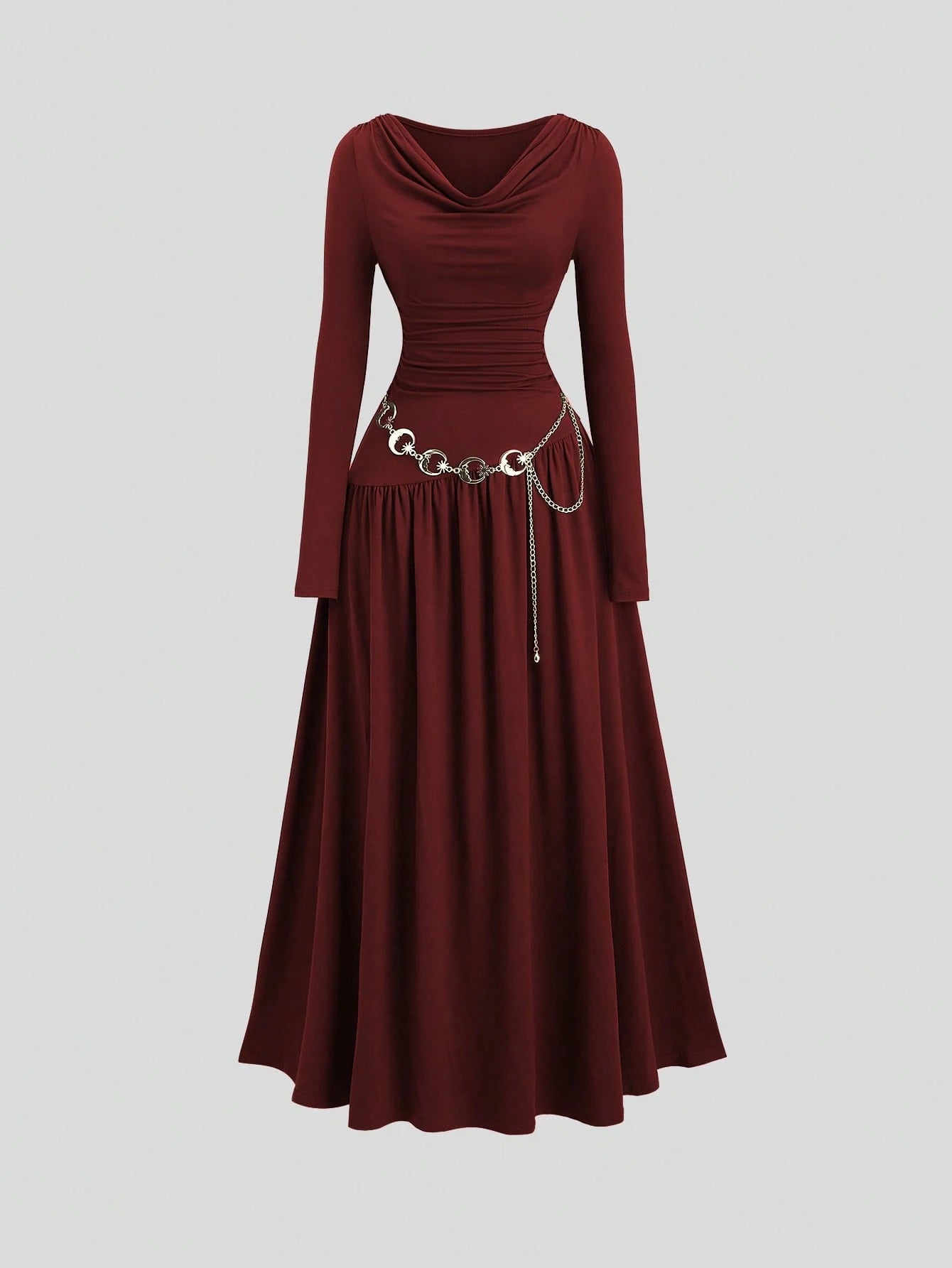 Sweetra Women's Autumn/Winter Coffee Color Plunging Necklace Decor Long Sleeve Simple Elegant Dress