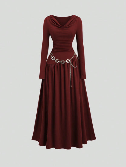Sweetra Women's Autumn/Winter Coffee Color Plunging Necklace Decor Long Sleeve Simple Elegant Dress