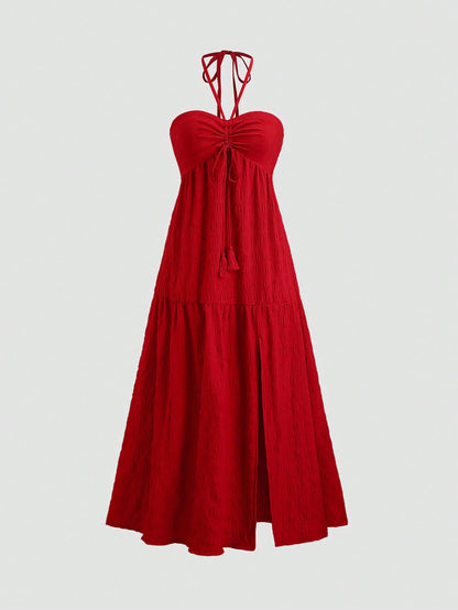 Sweetra Women's Dress,Red,Summer,Boho,Beach Vacation,Tie Shoulder Sleeveless Backless Slit Textured Fabric,Casual Holiday Party Festive Revealing Shoulder