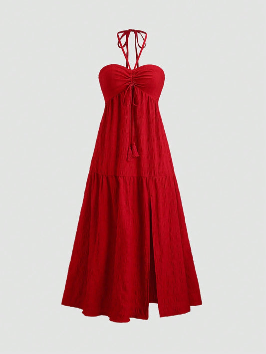 Sweetra Women's Dress,Red,Summer,Boho,Beach Vacation,Tie Shoulder Sleeveless Backless Slit Textured Fabric,Casual Holiday Party Festive Revealing Shoulder