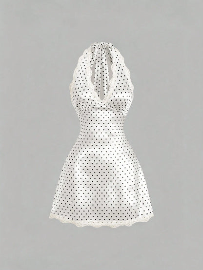 Sweetra Women's Elegant Vintage Polka Dot Satin Dress, Comfortable And Versatile For Beach Vacation, Spring/Summer