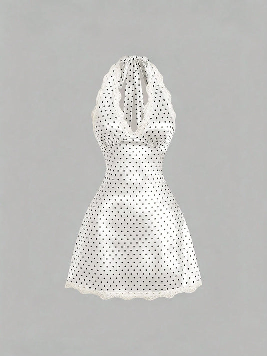Sweetra Women's Elegant Vintage Polka Dot Satin Dress, Comfortable And Versatile For Beach Vacation, Spring/Summer