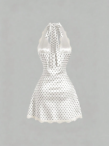 Sweetra Women's Elegant Vintage Polka Dot Satin Dress, Comfortable And Versatile For Beach Vacation, Spring/Summer