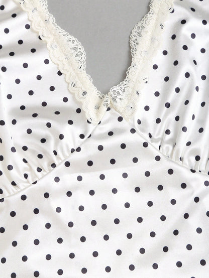 Sweetra Women's Elegant Vintage Polka Dot Satin Dress, Comfortable And Versatile For Beach Vacation, Spring/Summer