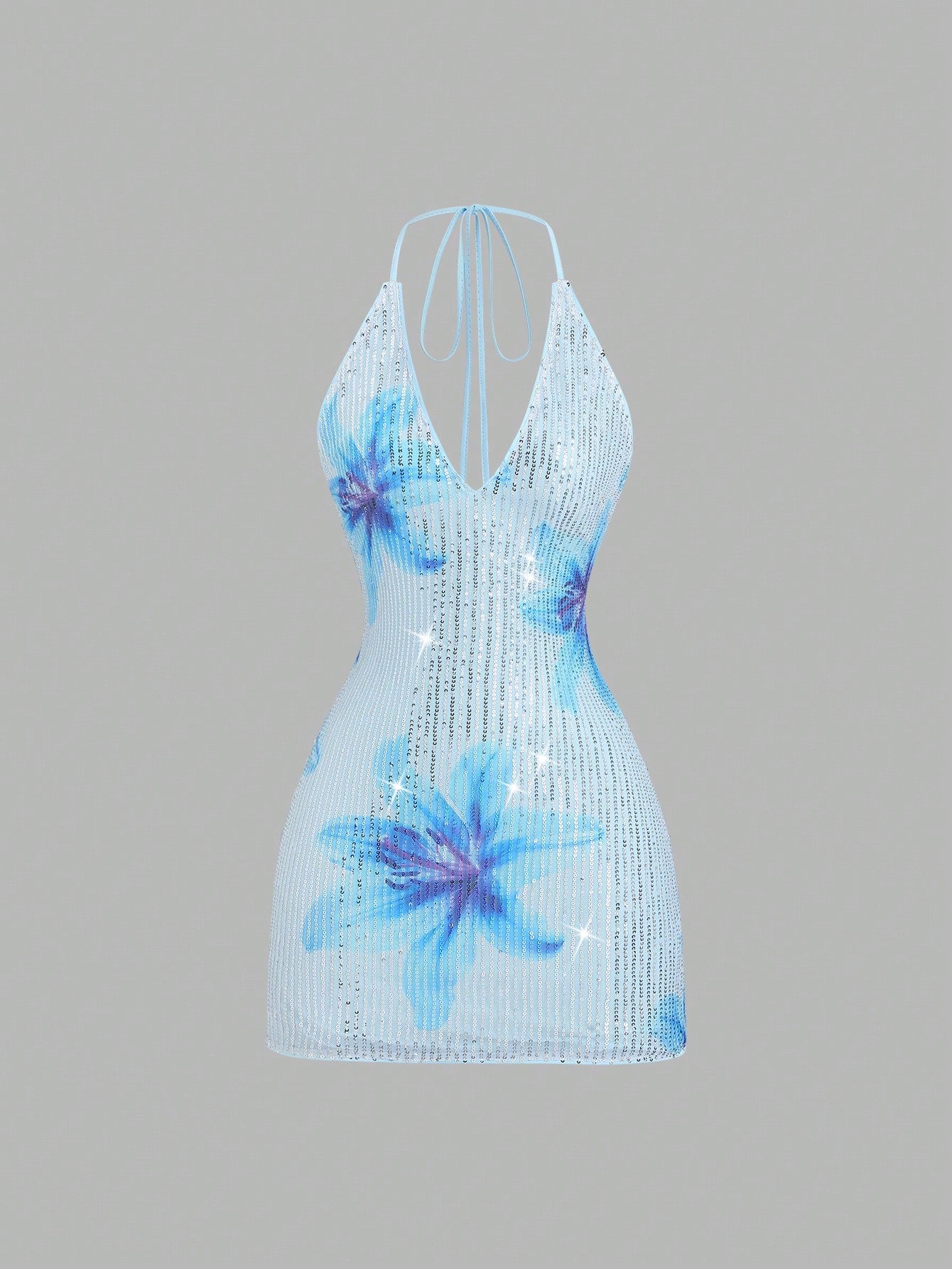 Sweetra Women's New Elegant Romantic Floral & Sequin Print V-Neck Backless Tie Strap Mini Dress, Suitable For Vacation, Party, Gathering, Spring/Summer