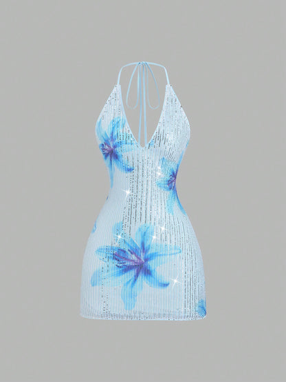 Sweetra Women's New Elegant Romantic Floral & Sequin Print V-Neck Backless Tie Strap Mini Dress, Suitable For Vacation, Party, Gathering, Spring/Summer