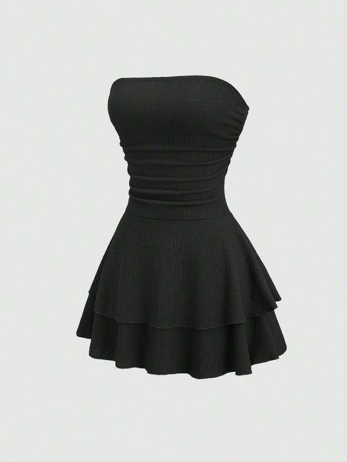 Sweetra Women's New Minimalist Solid Color Strapless Knit Mini Dress, Multi-Layer Cake Dress