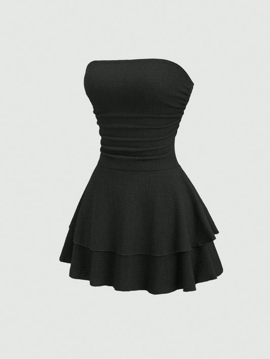 Sweetra Women's New Minimalist Solid Color Strapless Knit Mini Dress, Multi-Layer Cake Dress