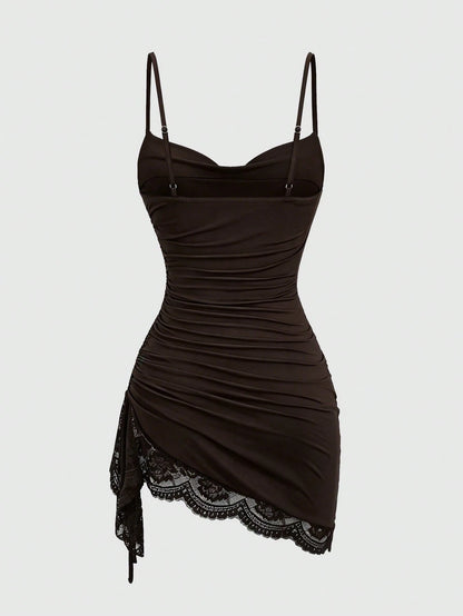 Sweetra Women's Sexy Cowl Neck Lace Patchwork Pleated Cami Dress