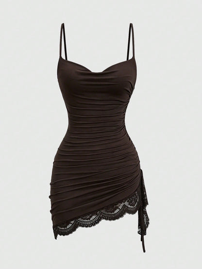 Sweetra Women's Sexy Cowl Neck Lace Patchwork Pleated Cami Dress