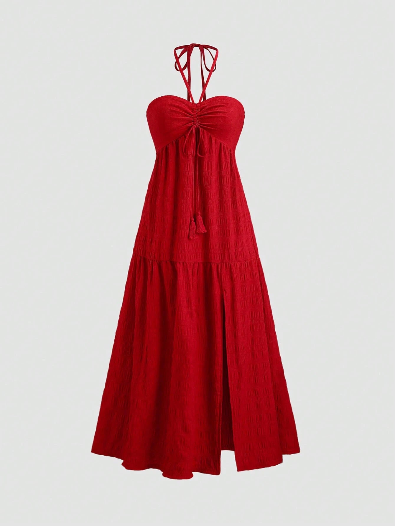 Sweetra Women's Sleeveless Halter Neck Backless Split Dress, European Style Summer New Fashion Tied Waist Vacation Casual Party Elegant Red