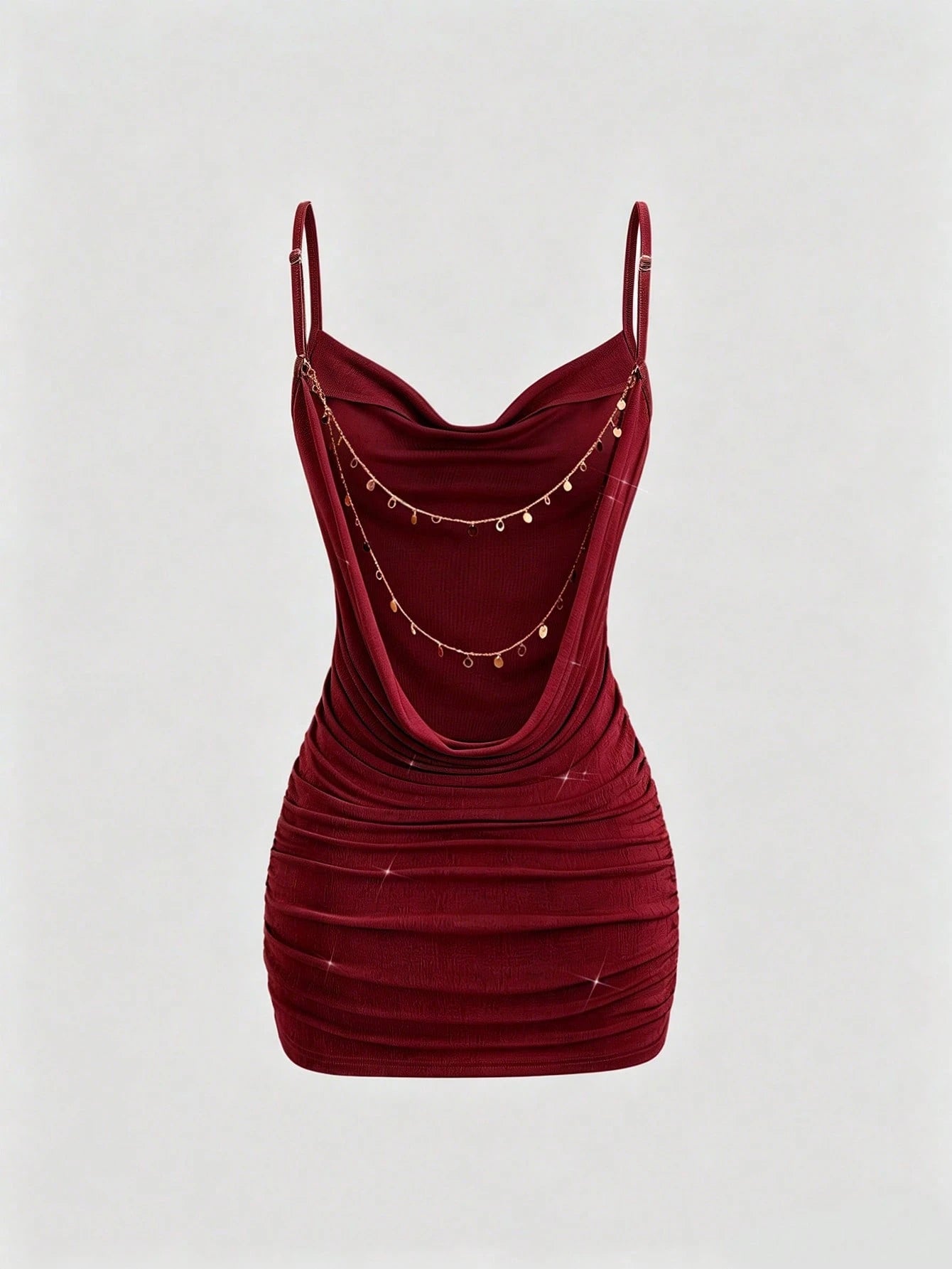 Sweetra Women Summer Burgundy Gold Winter 70s Retro Party Dress, Backless Chain Decor Plunging Neckline Ruched Mini Spaghetti Strap Bodycon Dress