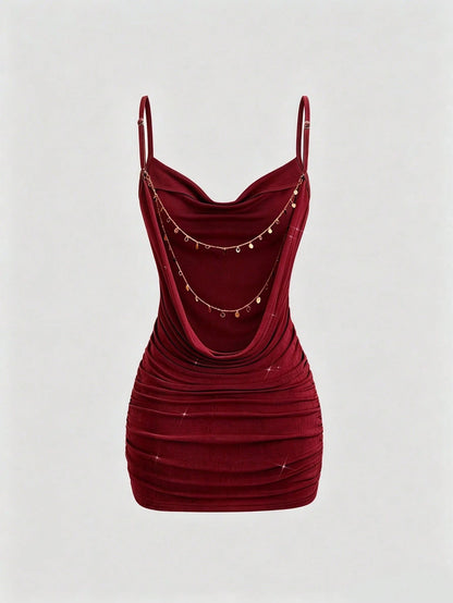Sweetra Women Summer Burgundy Gold Winter 70s Retro Party Dress, Backless Chain Decor Plunging Neckline Ruched Mini Spaghetti Strap Bodycon Dress