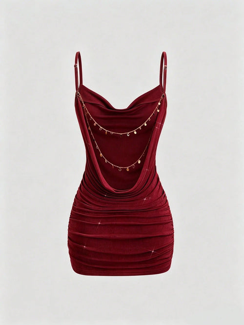 Sweetra Women Summer Burgundy Gold Winter 70s Retro Party Dress, Backless Chain Decor Plunging Neckline Ruched Mini Spaghetti Strap Bodycon Dress