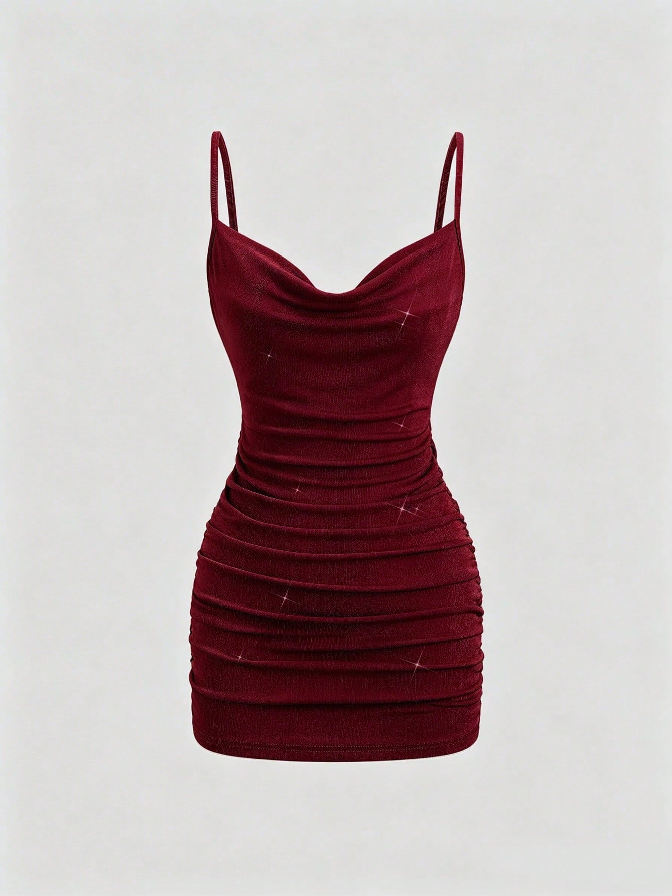 Sweetra Women Summer Burgundy Gold Winter 70s Retro Party Dress, Backless Chain Decor Plunging Neckline Ruched Mini Spaghetti Strap Bodycon Dress