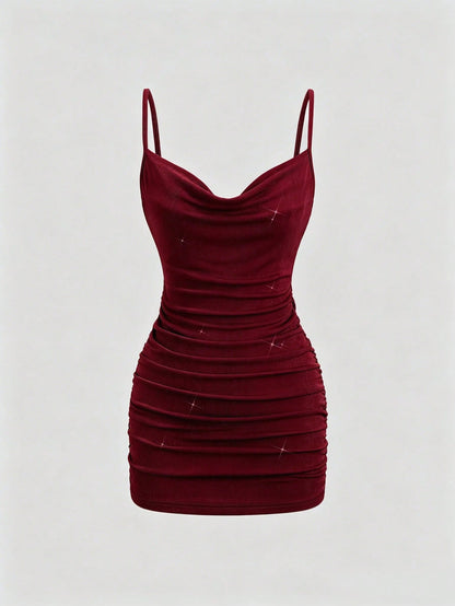 Sweetra Women Summer Burgundy Gold Winter 70s Retro Party Dress, Backless Chain Decor Plunging Neckline Ruched Mini Spaghetti Strap Bodycon Dress