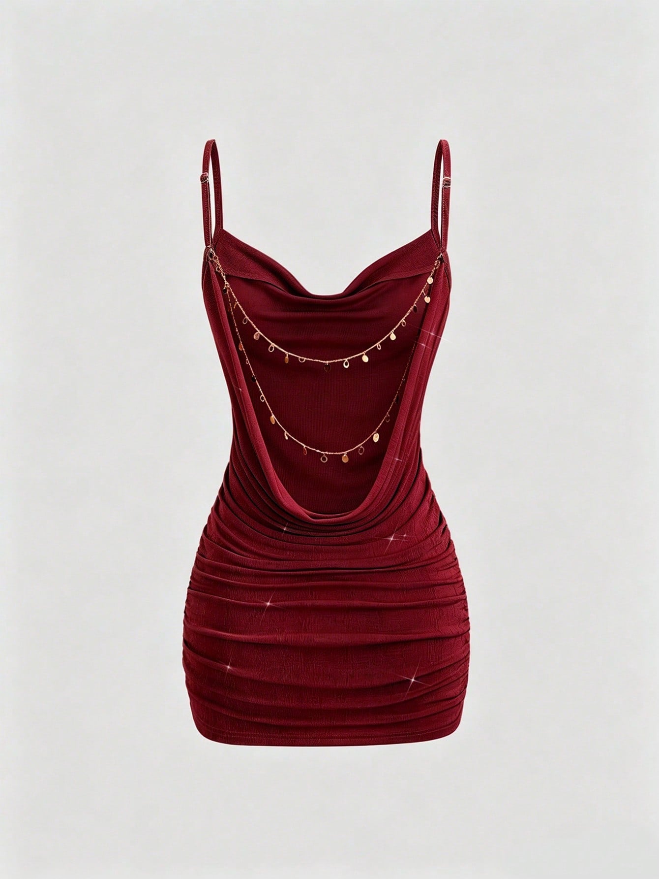 Sweetra Women Summer Burgundy Gold Winter 70s Retro Party Dress, Backless Chain Decor Plunging Neckline Ruched Mini Spaghetti Strap Bodycon Dress