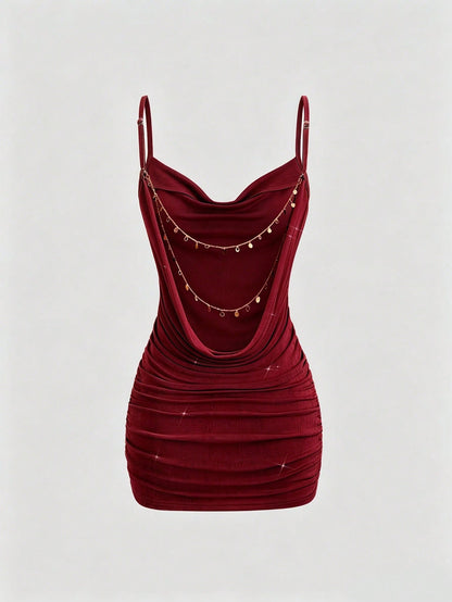 Sweetra Women Summer Burgundy Gold Winter 70s Retro Party Dress, Backless Chain Decor Plunging Neckline Ruched Mini Spaghetti Strap Bodycon Dress