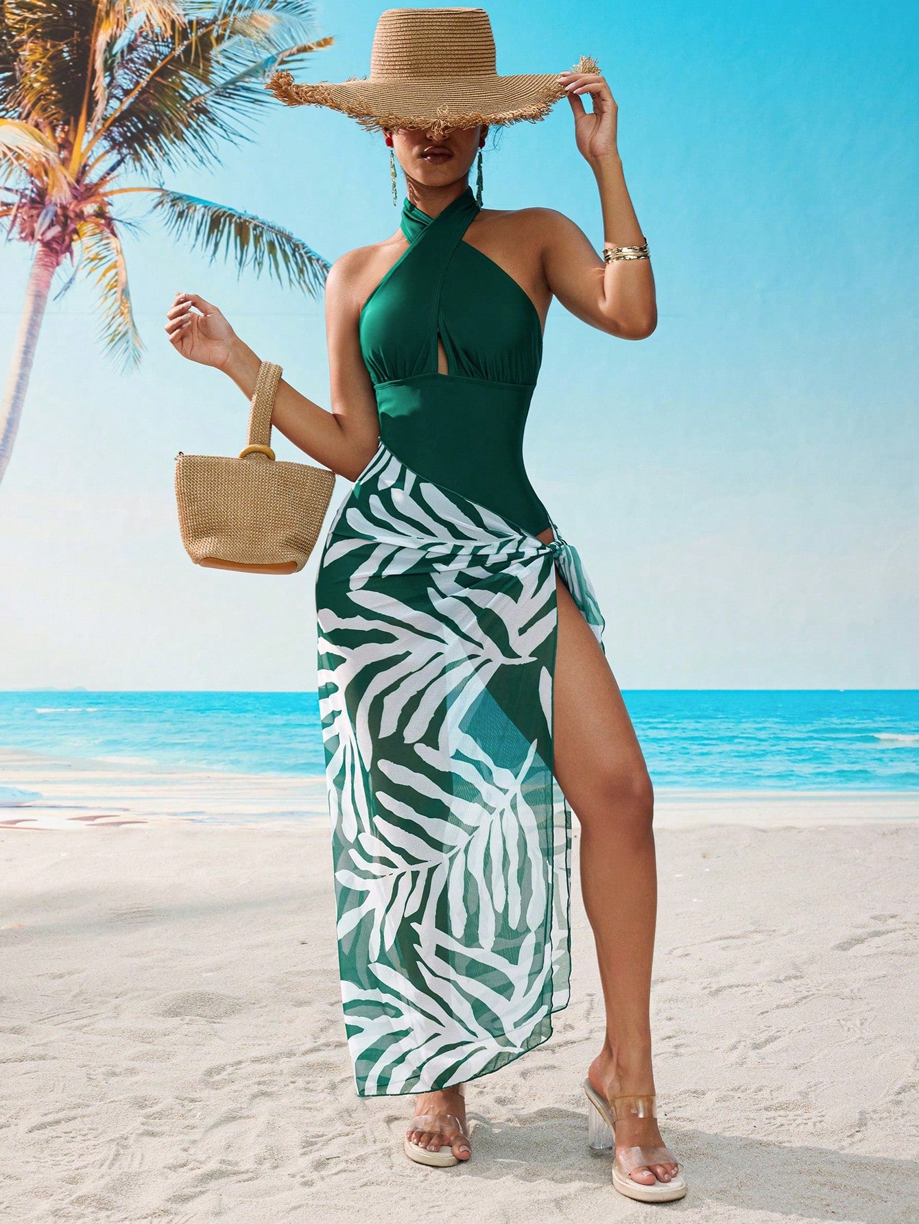 Swim 1pc Women's Green Color Halter Neck Tie Front One-Piece Swimsuit, Refreshing Summer Beach, Pool, Casual Party & Holiday Wear, Spring/Summer