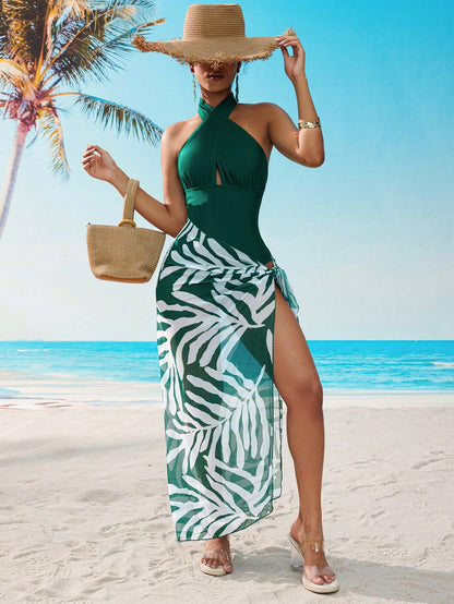Swim 1pc Women's Green Color Halter Neck Tie Front One-Piece Swimsuit, Refreshing Summer Beach, Pool, Casual Party & Holiday Wear, Spring/Summer