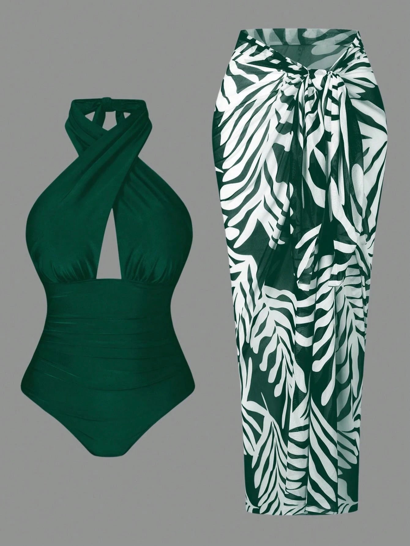 Swim 1pc Women's Green Color Halter Neck Tie Front One-Piece Swimsuit, Refreshing Summer Beach, Pool, Casual Party & Holiday Wear, Spring/Summer