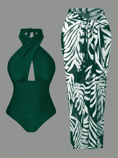 Swim 1pc Women's Green Color Halter Neck Tie Front One-Piece Swimsuit, Refreshing Summer Beach, Pool, Casual Party & Holiday Wear, Spring/Summer