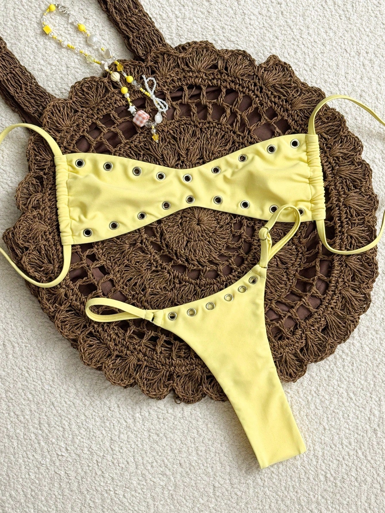 Swim 2025 New Women's Solid Color Sexy Bandeau Beach Vacation Casual Sexy Swimwear Set Yellow Bikini Set