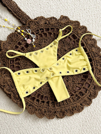 Swim 2025 New Women's Solid Color Sexy Bandeau Beach Vacation Casual Sexy Swimwear Set Yellow Bikini Set