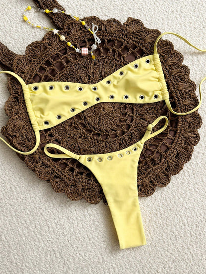 Swim 2025 New Women's Solid Color Sexy Bandeau Beach Vacation Casual Sexy Swimwear Set Yellow Bikini Set