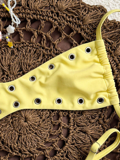 Swim 2025 New Women's Solid Color Sexy Bandeau Beach Vacation Casual Sexy Swimwear Set Yellow Bikini Set