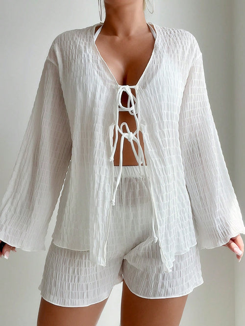 Swim 2pcs/Set Solid Color Textured Beach Cover-Up, Summer