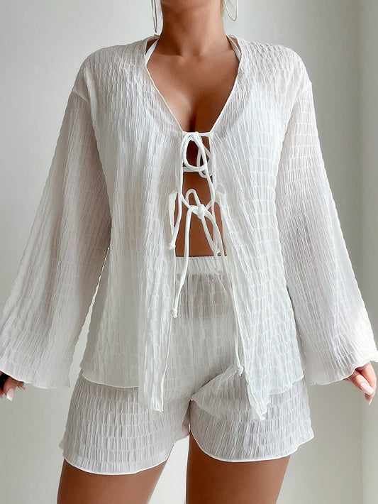 Swim 2pcs/Set Solid Color Textured Beach Cover-Up, Summer