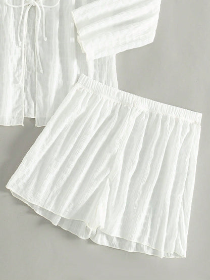 Swim 2pcs/Set Solid Color Textured Beach Cover-Up, Summer