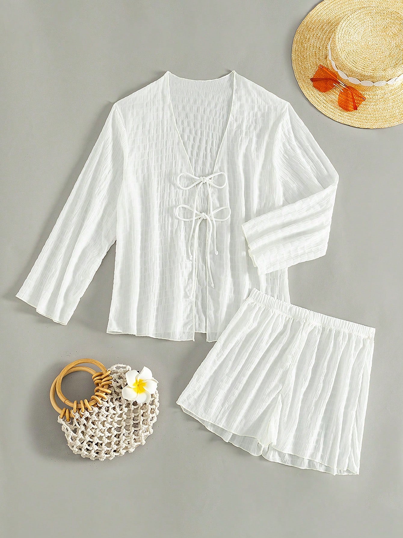 Swim 2pcs/Set Solid Color Textured Beach Cover-Up, Summer