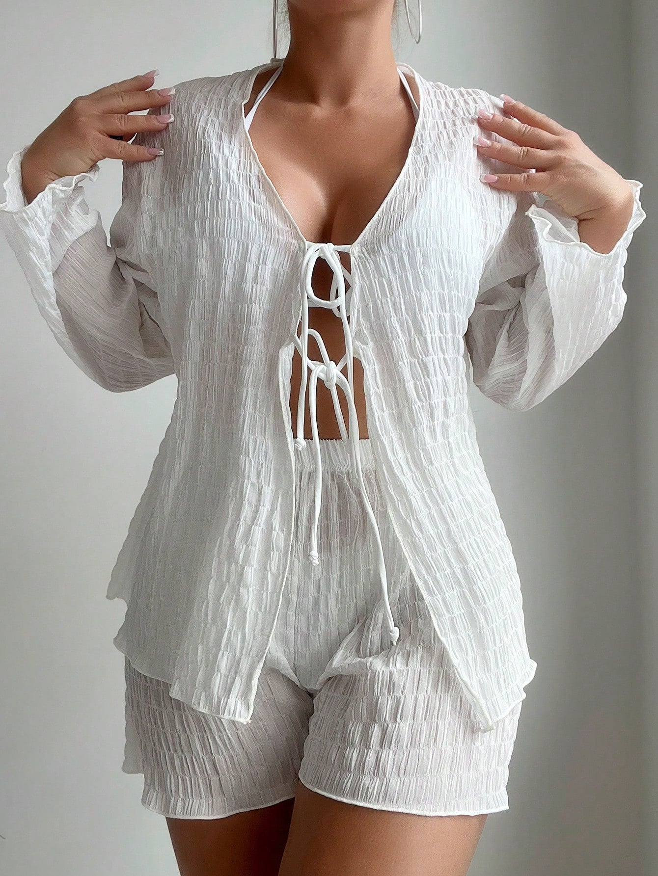 Swim 2pcs/Set Solid Color Textured Beach Cover-Up, Summer