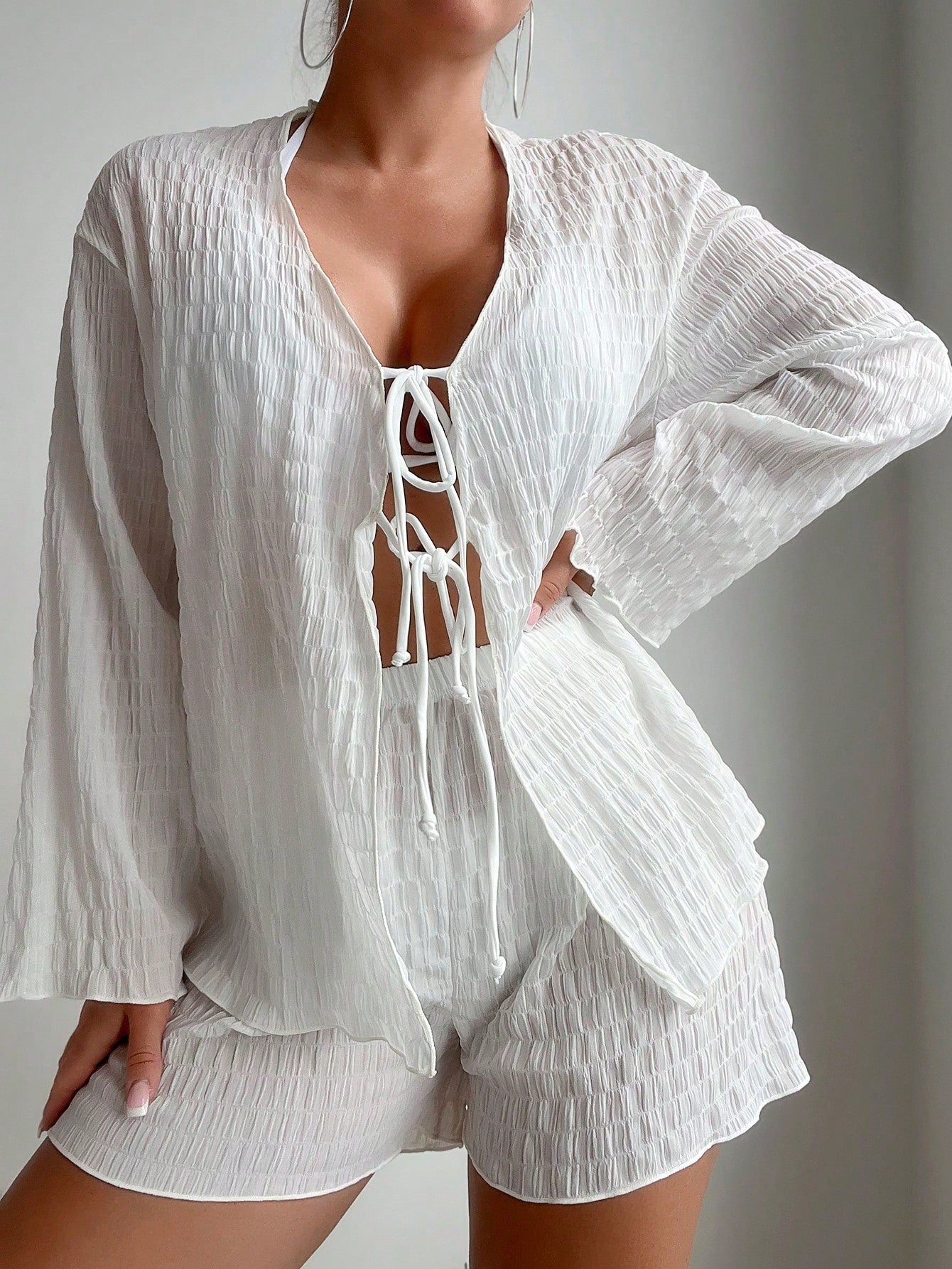 Swim 2pcs/Set Solid Color Textured Beach Cover-Up, Summer