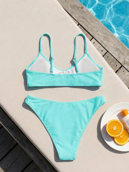 Swim 2pcs/Set Women's Micro Bikini Top And Bottoms Swimwear Set,Turquoise,Summer,Casual,Beach Party,Holiday,Holiday Solid Color Spaghetti Strap Beach