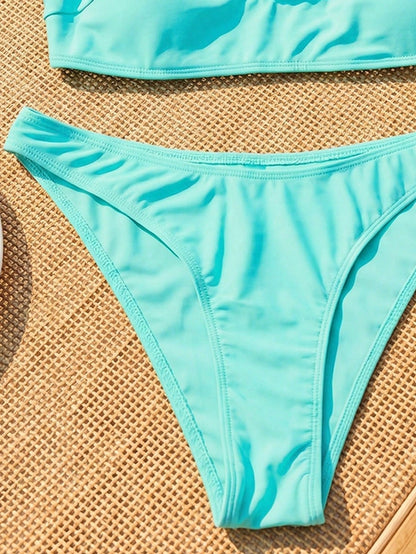 Swim 2pcs/Set Women's Micro Bikini Top And Bottoms Swimwear Set,Turquoise,Summer,Casual,Beach Party,Holiday,Holiday Solid Color Spaghetti Strap Beach