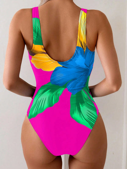 Swim Basics 1pc Women's Multi-Color Floral Print Crew Neck One-Piece Swimsuit, Elegant High Leg Cut Design For Summer