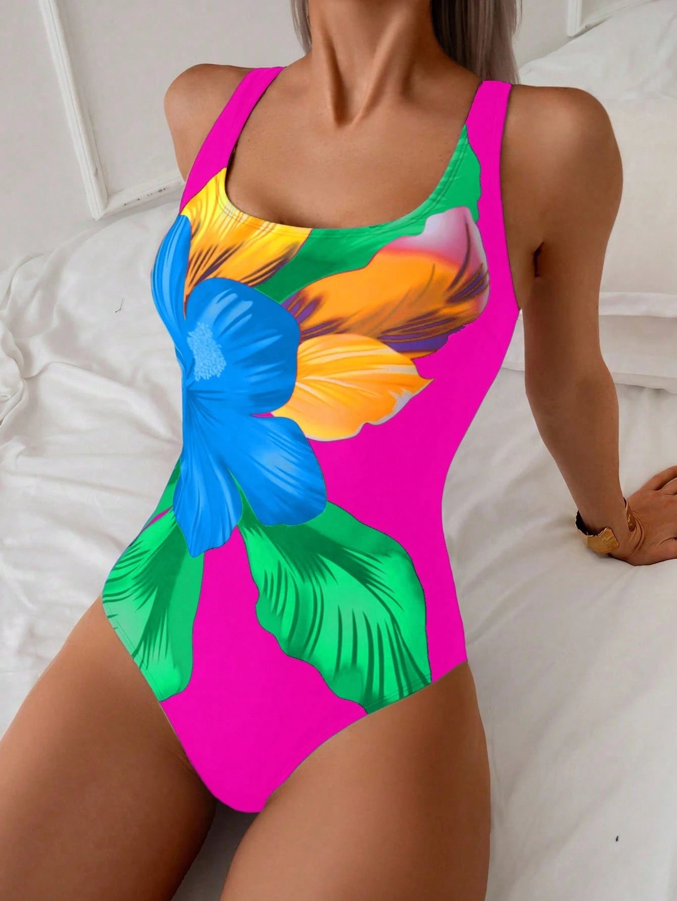 Swim Basics 1pc Women's Multi-Color Floral Print Crew Neck One-Piece Swimsuit, Elegant High Leg Cut Design For Summer