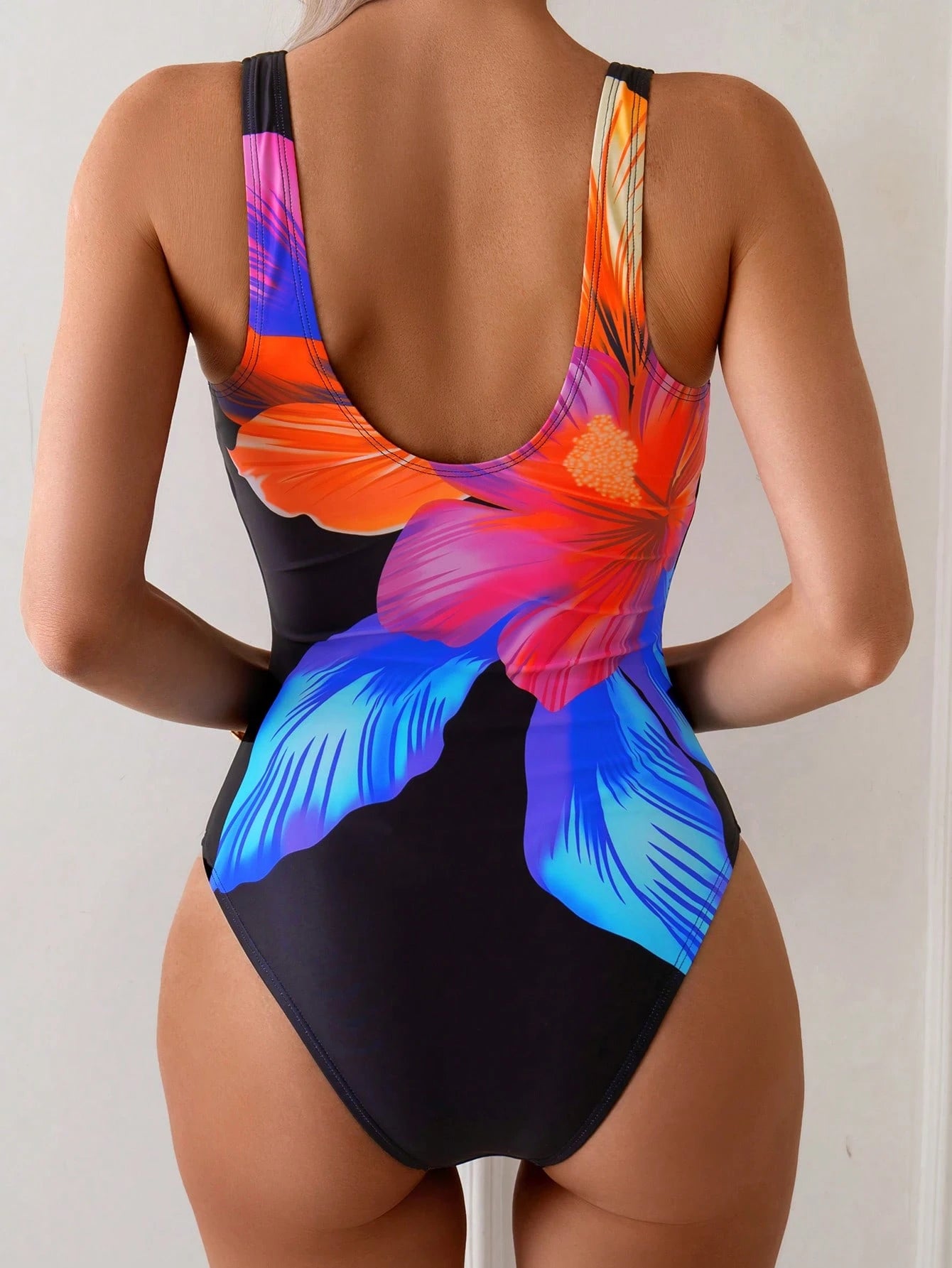 Swim Basics 1pc Women's Multi-Color Floral Print Crew Neck One-Piece Swimsuit, Elegant High Leg Cut Design For Summer