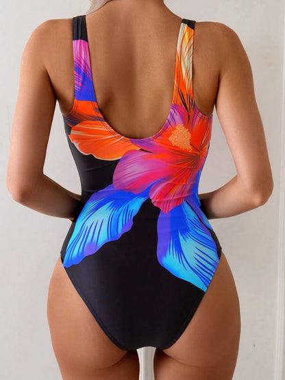 Swim Basics 1pc Women's Multi-Color Floral Print Crew Neck One-Piece Swimsuit, Elegant High Leg Cut Design For Summer