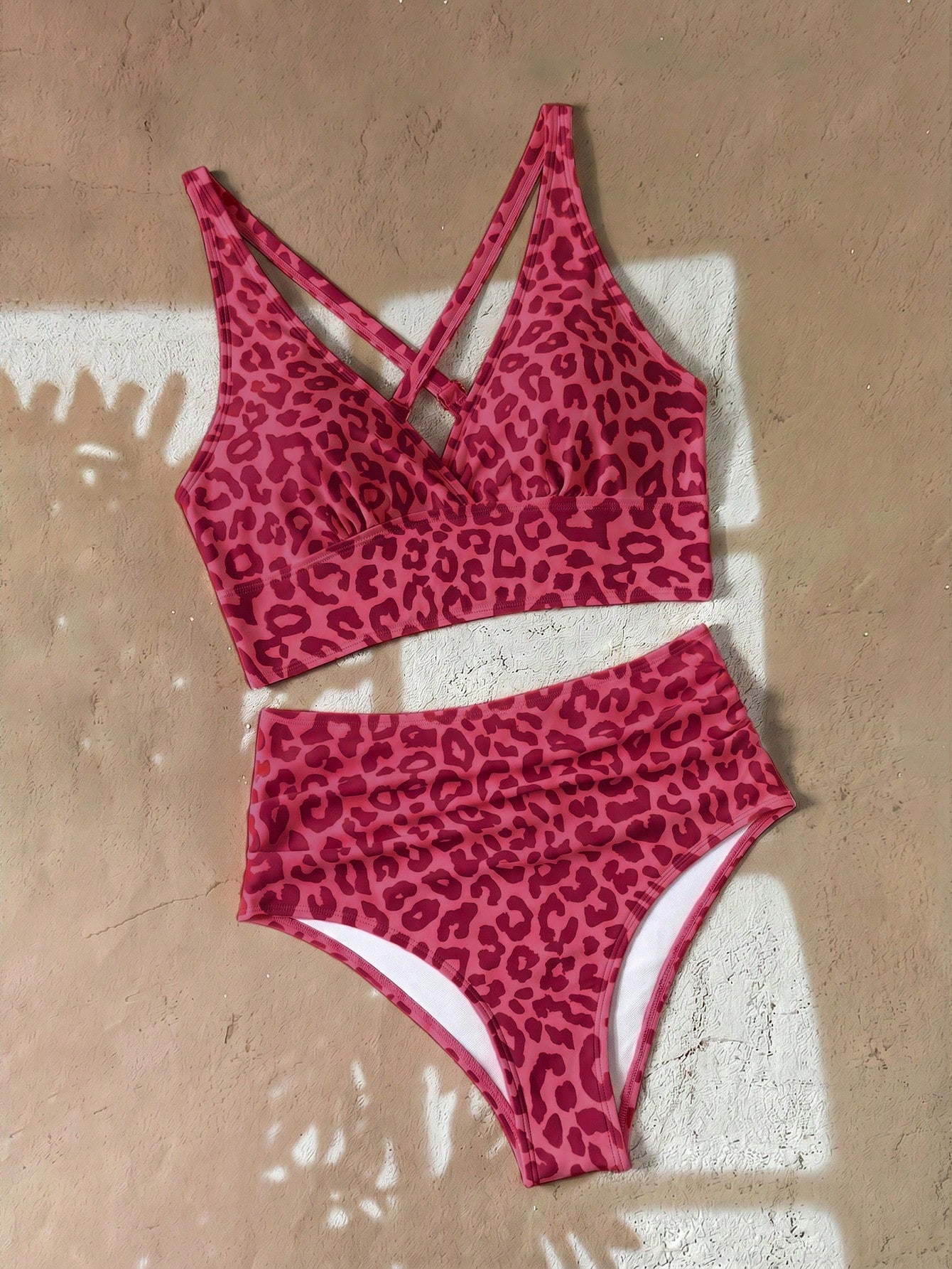 Swim Basics 2025 Women's Summer Beach Vacation Leopard Print V-Neck Tankini Bikini Set