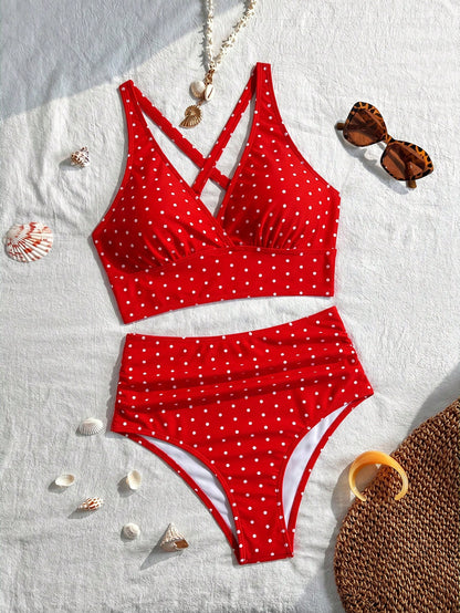 Swim Basics 2025 Women's Summer Beach Vacation Leopard Print V-Neck Tankini Bikini Set