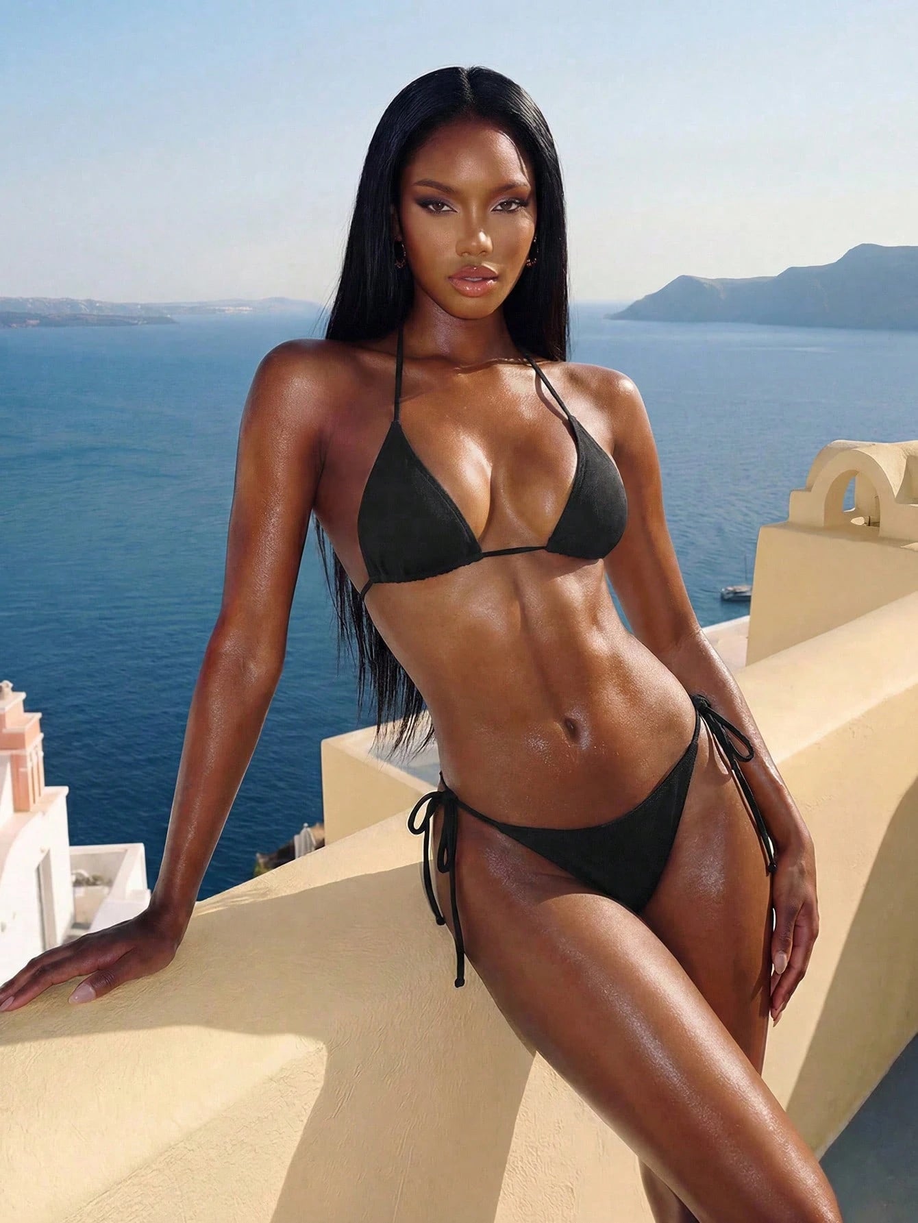 Swim Basics 2026 Spring/Summer Black Special Fabric Women's Bikini Swimsuit, Thin Shoulder Straps Halter Neck Solid Color Sexy Side Tie Thong Two-Piece Swimwear